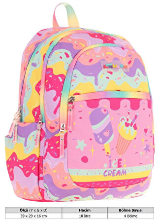 Kaukko Üç Bölmeli Kız Çocuk İlkokul Sırt Çantası (L5232) - Pembe Sarı - Dondurma Baskılı