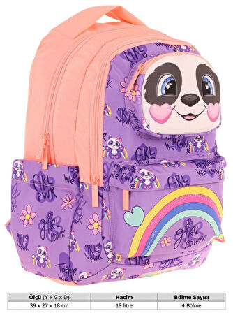 Kaukko Toys Kız Çocuk 3D Panda Şekilli İlkokul ve Günlük Sırt Çantası - Mor Somon - L5233
