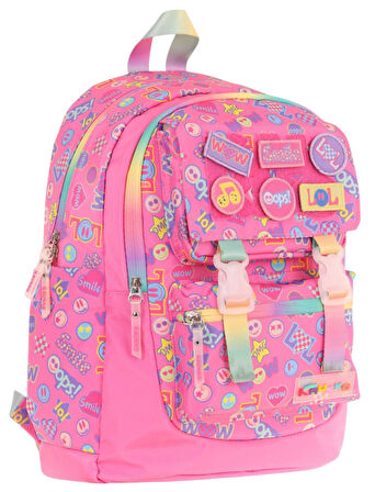 Kaukko Kids Kız Çocuk Armalı Yazı Desenli İlkokul Okul Sırt Çantası (Dört Bölmeli) - Pembe - L5237