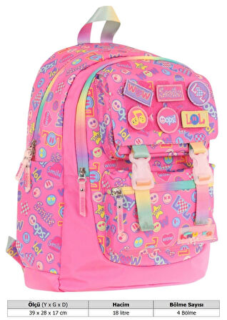 Kaukko Kids Kız Çocuk Armalı Yazı Desenli İlkokul Okul Sırt Çantası (Dört Bölmeli) - Pembe - L5237