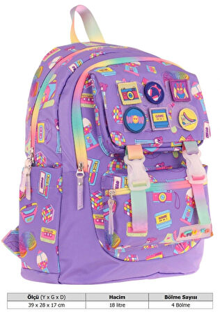Kaukko Kids Kız Çocuk Armalı Hobi Desenli İlkokul Okul Sırt Çantası (Dört Bölmeli) - Mor - L5238