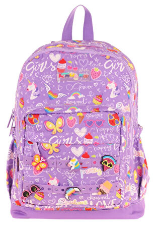 Kaukko Kids Dört Bölmeli Kız Çocuk Silikon Aksesuarlı Mor İlkokul Çantası