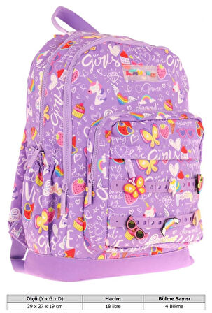 Kaukko Kids Dört Bölmeli Kız Çocuk Silikon Aksesuarlı Mor İlkokul Çantası