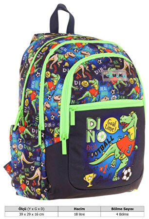 Kauıkko Kids Siyah Yeşil Dinazor Baskılı Erkek Çocuk Okul Çantası - L5266 - Dört Gözlü