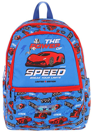Kaukko Üç Bölmeli Erkek Çocuk İlkokul Sırt Çantası (L5268) - Mavi Kırmızı - Yarış Arabası Desenli