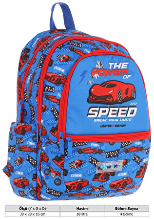 Kaukko Üç Bölmeli Erkek Çocuk İlkokul Sırt Çantası (L5268) - Mavi Kırmızı - Yarış Arabası Desenli