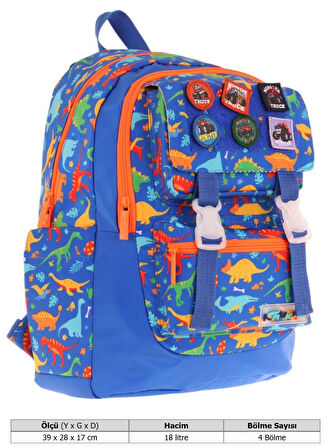 Kaukko Kids Erkek Çocuk Armalı Dinazor Desenli İlkokul Okul Sırt Çantası (Dört Bölmeli) - Mavi - L5278