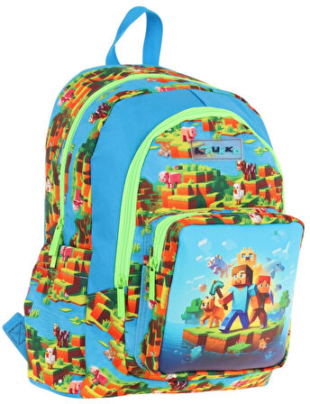 Kaukko Kids Üç Bölmeli (Mavi Yeşil - Craft Baskılı) Erkek Çocuk Okul ve Günlük Sırt Çantası - L5280