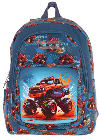 Kaukko Kids Üç Bölmeli (Yeşil Kırmızı - Arazi Aracı Baskılı) Erkek Çocuk Okul ve Günlük Sırt Çantası - L5282