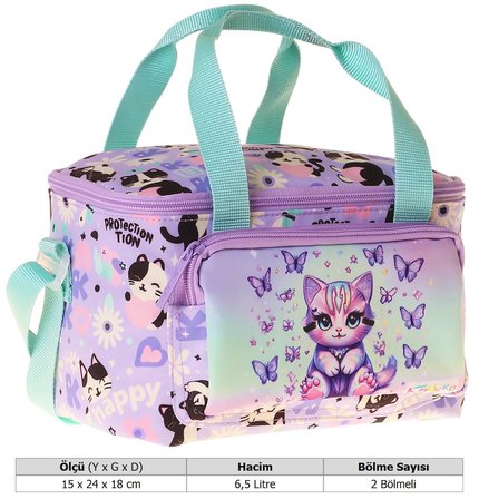 Kaukko Kids İki Bölmeli Thermo Okul Beslenme Çantası - Mor Kedi Desenli Yeşil - Mor Renk (Kız Çocuk) - L5289
