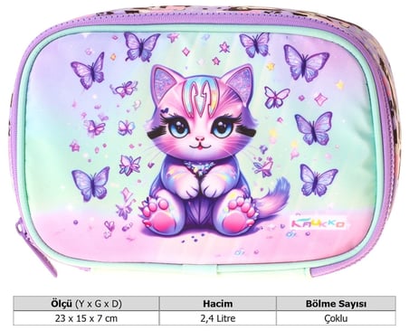 Kaukko Kids Mor Kedi Desenli Yeşil - Mor Kız Çocuk Organizer Kalem Çantası - Kalemlik - L5294