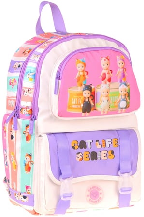 Kaukko Kids Dört Bölmeli Kız Çocuk Cat Life Baskılı Mor - Krem Okul Sırt Çantası - L5313