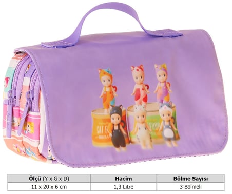 Kaukko Kids Taşıma Askılı Kız Çocuk Cat Life Baskılı Şık Kalem Çantası (Mor - Krem) - L5315