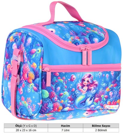 Kaukko Kids Kız Çocuk Mercan ve Denizkızı Baskılı Isı Yalıtımlı Okul Beslenme Çantası (Pembe - Mavi) - L5324