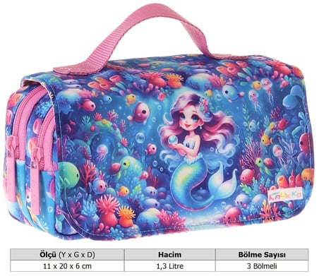 Kaukko Kids Taşıma Askılı Kız Çocuk Mercan ve Denizkızı Baskılı Şık Kalem Çantası (Pembe - Mavi) - L5325