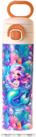 Kaukko Kids 520 ml Mercan ve Denizkızı Baskılı Pembe - Mavi Kız Çocuk Çelik Termos Matara (Çift İçim Kilitli Kapak) - L5326
