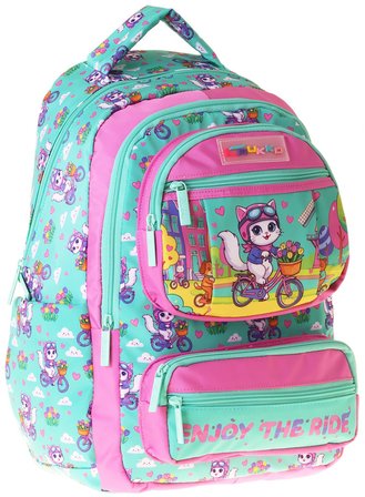 Kaukko Kids Kız Çocuk Bisikletli Kedi Baskılı (Cat Bike) Altı Bölmeli İlkokul Sırt Çantası - L5328