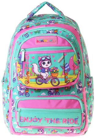 Kaukko Kids Kız Çocuk Bisikletli Kedi Baskılı (Cat Bike) Altı Bölmeli İlkokul Sırt Çantası - L5328
