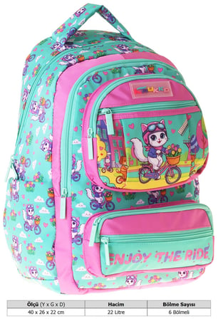 Kaukko Kids Kız Çocuk Bisikletli Kedi Baskılı (Cat Bike) Altı Bölmeli İlkokul Sırt Çantası - L5328