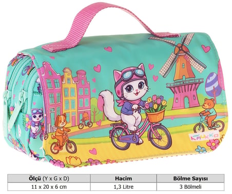 Kaukko Kids Taşıma Askılı Kız Çocuk Bisikletli Kedi Baskılı Şık Kalem Çantası (Yeşil - Pembe) - L5330