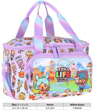 Kaukko Kids İki Bölmeli Thermo Okul Beslenme Çantası - Toca Life Baskılı Lila - Turkuaz Renk (Kız Çocuk) - L5339