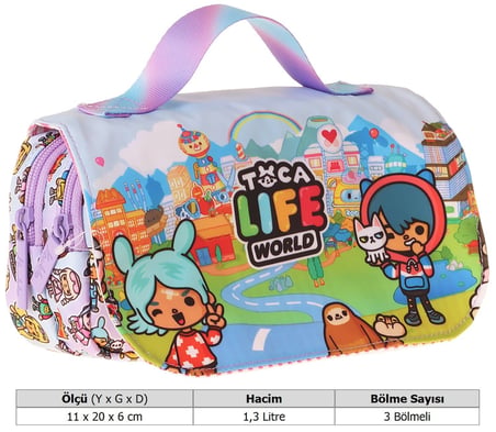 Kaukko Kids Taşıma Askılı Kız Çocuk Toca Life Baskılı Şık Kalem Çantası (Lila - Turkuaz) - L5340