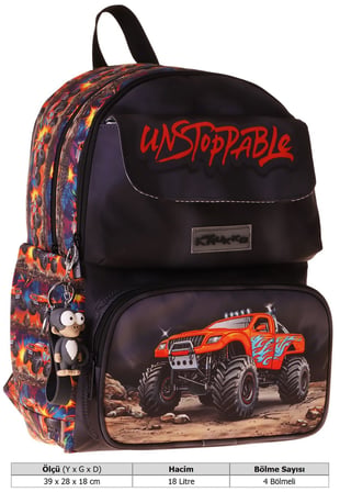 Kaukko Kids Erkek Çocuk Arazi Aracı Baskılı Okul Çantası - Siyah - Kırmızı - Soil Truck - L5359