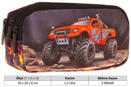 Kaukko Kids Arazi Aracı Baskılı Siyah - Kırmızı Erkek Çocuk Okul Kalemliği Kalem Çantası - L5361
