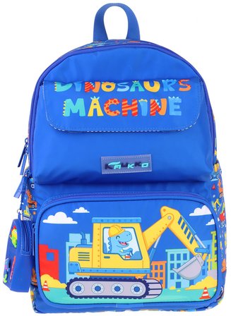 Kaukko Kids Erkek Çocuk Dinazor ve İş Makinesi Baskılı Okul Çantası - Mavi - Sarı - Mechanic - L5369