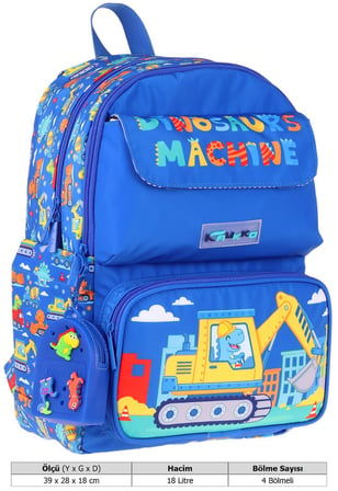 Kaukko Kids Erkek Çocuk Dinazor ve İş Makinesi Baskılı Okul Çantası - Mavi - Sarı - Mechanic - L5369