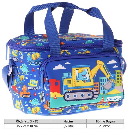 Kaukko Kids İki Bölmeli Thermo Okul Beslenme Çantası - Dinazor ve İş Makinesi Baskılı (Erkek Çocuk) - L5370
