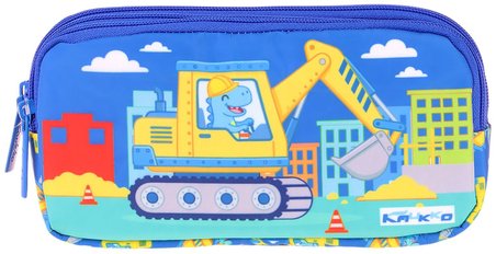 Kaukko Kids Dinazor ve İş Makinesi Baskılı Mavi - Sarı Erkek Çocuk Okul Kalemliği Kalem Çantası - L5371