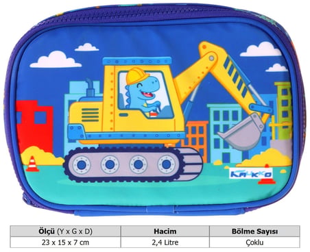 Kaukko Kids Dinazor ve İş Makinesi Baskılı Mavi - Sarı Erkek Çocuk Organizer Kalem Çantası - Kalemlik - L5374