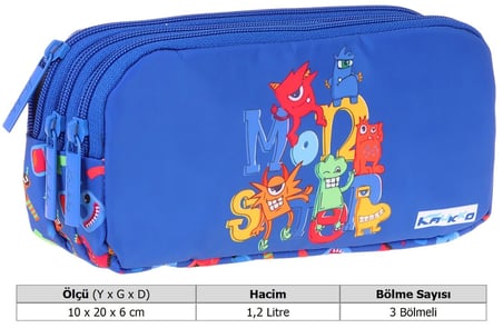 Kaukko Kids Moster Baskılı Mavi Erkek Çocuk Okul Kalemliği Kalem Çantası - L5406
