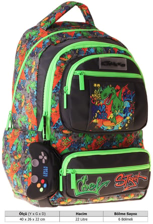 Kaukko Kids Erkek Çocuk Street Dinazor Baskılı (Street) Altı Bölmeli İlkokul Sırt Çantası - L5414