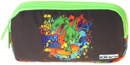 Kaukko Kids Street Dinazor Baskılı Siyah - Yeşil Erkek Çocuk Okul Kalemliği Kalem Çantası - L5416