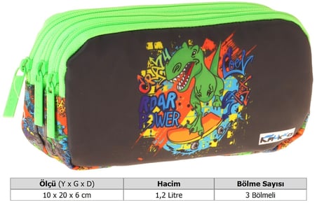 Kaukko Kids Street Dinazor Baskılı Siyah - Yeşil Erkek Çocuk Okul Kalemliği Kalem Çantası - L5416