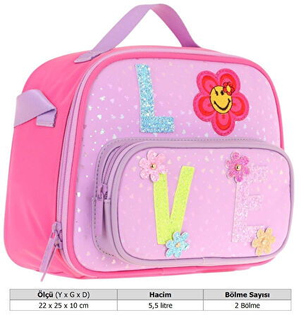 Kaukko Kids Kız Çocuk Isı Yalıtımlı İki Bölmeli Beslenme Çantası (Simli Love Baskılı) L7211