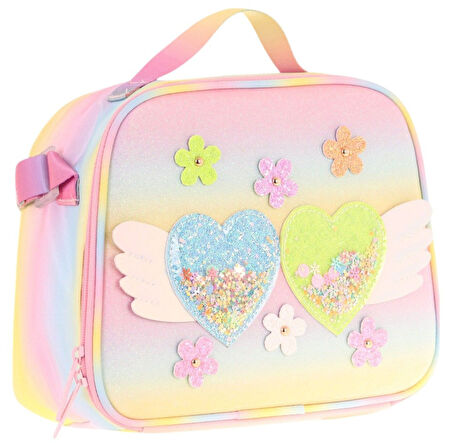 Kaukko Kids Kız Çocuk Isı Yalıtımlı Okul/Piknik Beslenme Çantası (Simli Kalp ve Çiçekler) L7213