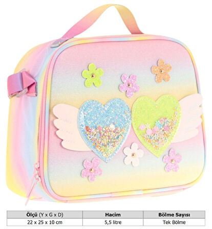 Kaukko Kids Kız Çocuk Isı Yalıtımlı Okul/Piknik Beslenme Çantası (Simli Kalp ve Çiçekler) L7213
