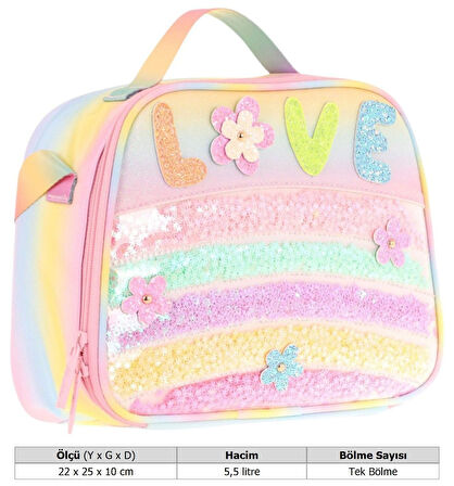 Kaukko Kids Kız Çocuk Isı Yalıtımlı Okul/Piknik Beslenme Çantası (Simli Pullu Love) L7214