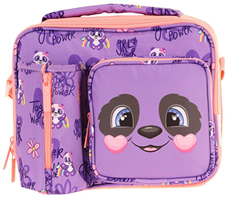 Kaukko Kız Çocuk, Mor SOmon, Panda Desenli Isı Yalıtımlı Üç Bölmeli (Matara Cepli) Okul Beslenme Çantası L7233