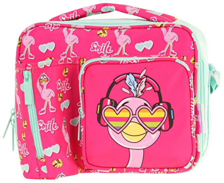 Kaukko Kız Çocuk, Kırmızı Yeşil, Flamingo Desenli Isı Yalıtımlı Üç Bölmeli (Matara Cepli) Okul Beslenme Çantası L7235