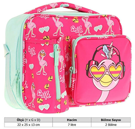 Kaukko Kız Çocuk, Kırmızı Yeşil, Flamingo Desenli Isı Yalıtımlı Üç Bölmeli (Matara Cepli) Okul Beslenme Çantası L7235