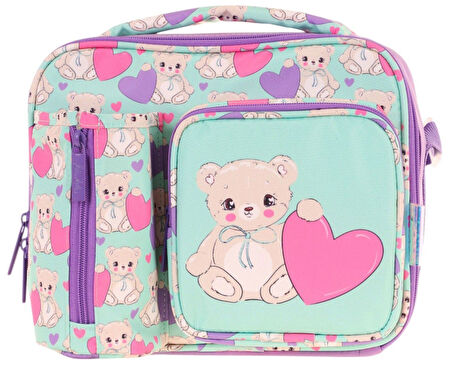Kaukko Kız Çocuk, Turkuaz Mor, Ayıcık Baskılı Isı Yalıtımlı Üç Bölmeli (Matara Cepli) Okul Beslenme Çantası L7239
