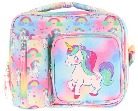 Kaukko Kız Çocuk, Çok Renkli, Unicorn Baskılı Isı Yalıtımlı Üç Bölmeli (Matara Cepli) Okul Beslenme Çantası L7243