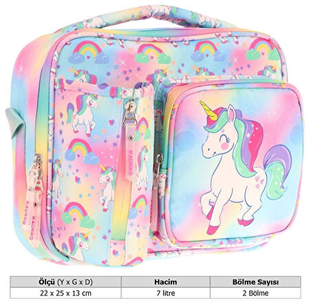 Kaukko Kız Çocuk, Çok Renkli, Unicorn Baskılı Isı Yalıtımlı Üç Bölmeli (Matara Cepli) Okul Beslenme Çantası L7243