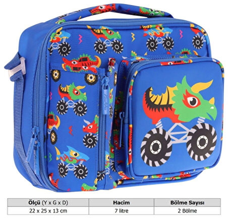 Kaukko Erkek Çocuk, Mavi Yeşil, Canavar Baskılı Isı Yalıtımlı Üç Bölmeli (Matara Cepli) Okul Beslenme Çantası L7255