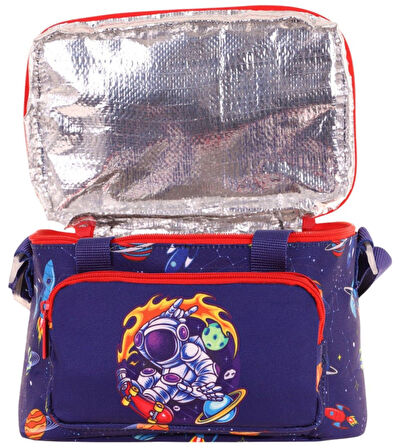 Kaukko Kids Thermo Isı Yalıtımlı Erkek Çocuk Astronot Baskılı Lacivert Kırmızı Beslenme Çantası L7267 (İki Bölmeli)