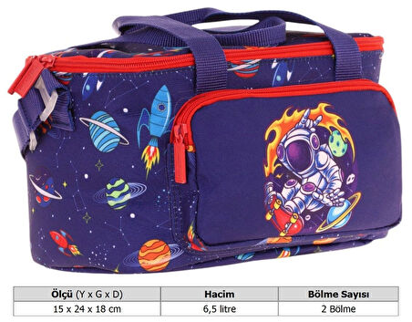 Kaukko Kids Thermo Isı Yalıtımlı Erkek Çocuk Astronot Baskılı Lacivert Kırmızı Beslenme Çantası L7267 (İki Bölmeli)